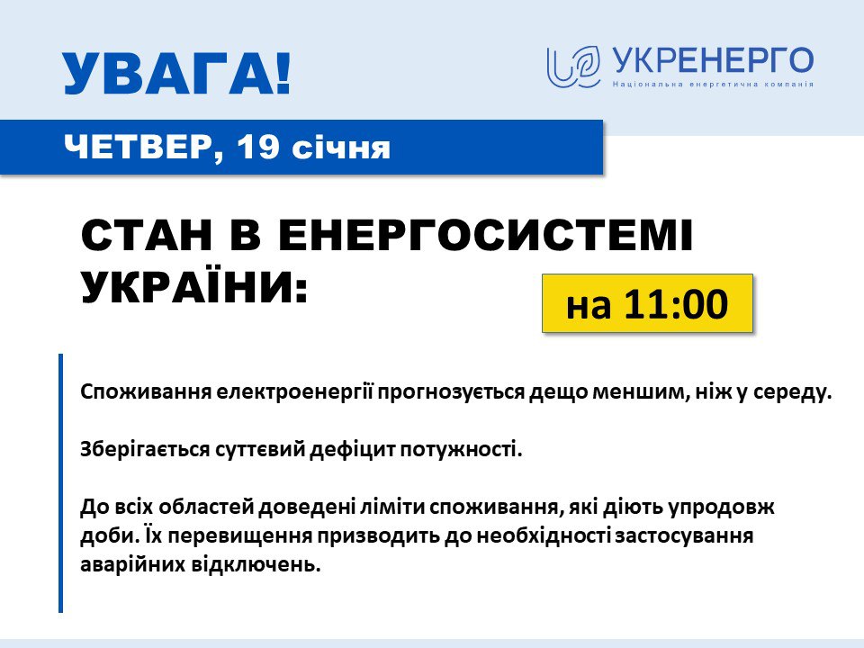 В Укренерго розповіли про ситуацію зі світлом 19 січня